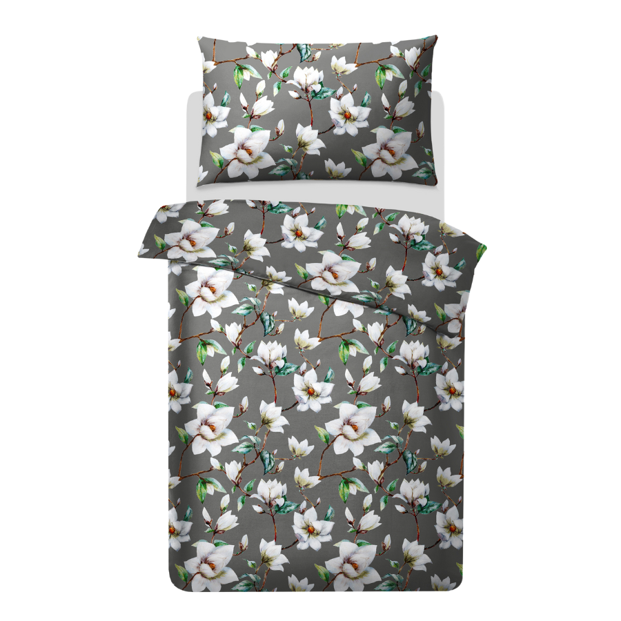 Satin-sengelinned med blomster, økologisk bomuld
