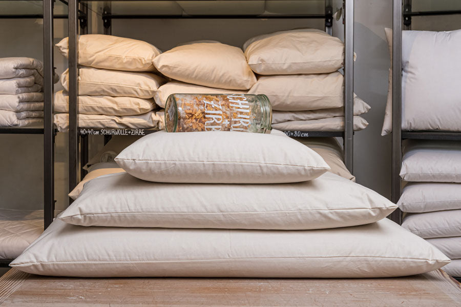 Pure new wool pillow with Swiss stone pine shavings, organic